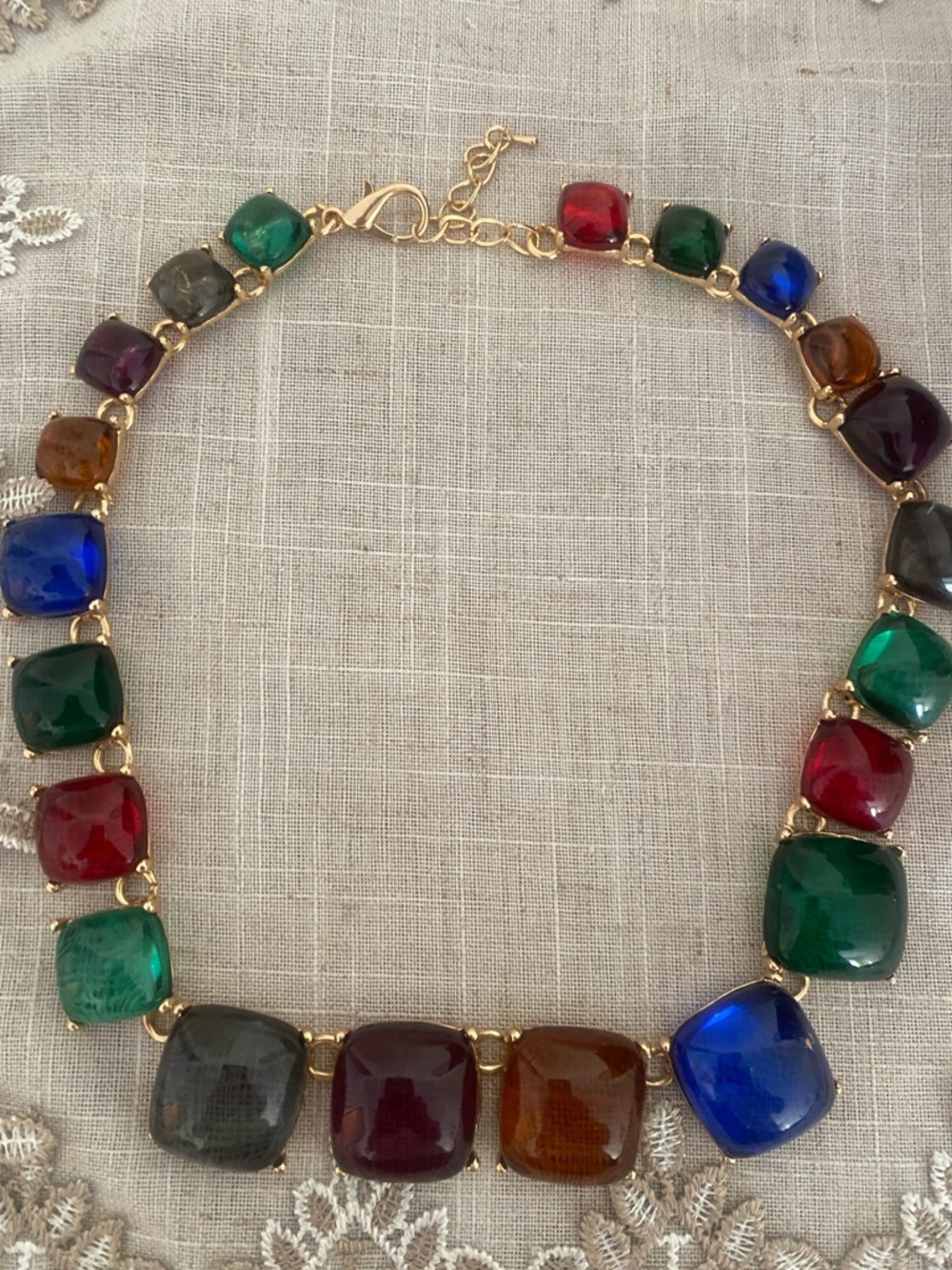 Multicolor Glass Cabochon Statement Necklace - Gold Tone